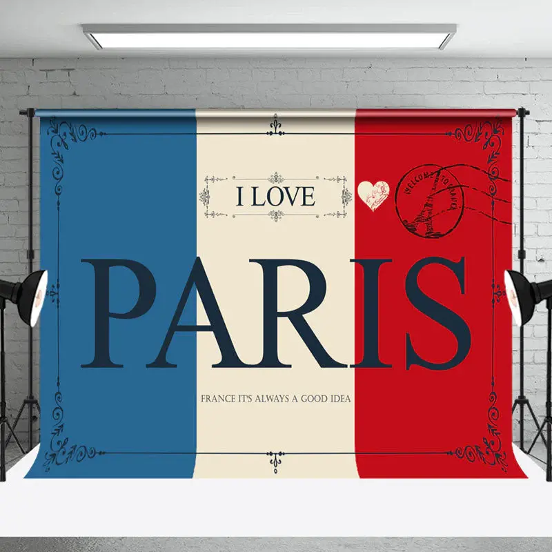 Vintage Postcard French Flag I Love Paris Backdrop
