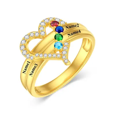 10K Gold Heart Personalized Birthstone Custom Family Name Ring Gift For Mom Grandma