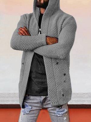 Solid Hooded Holey Sweater Coat, Grey / XXXL