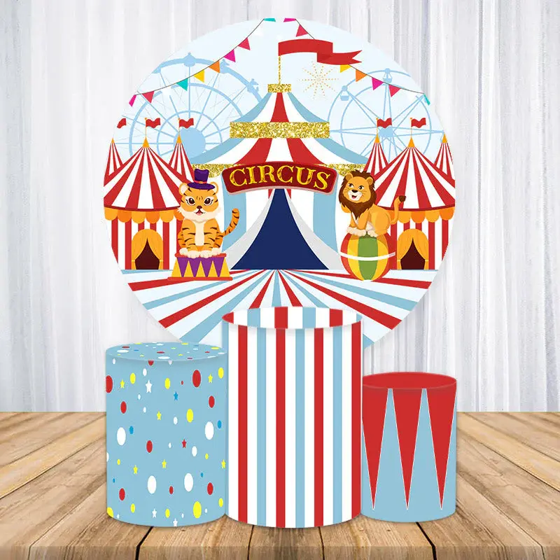 Aperturee Blue Red Stripes Circus Round Birthday Backdrop Kit | Round Party Backdrop | Circle Backdrops For Birthday | Custom...