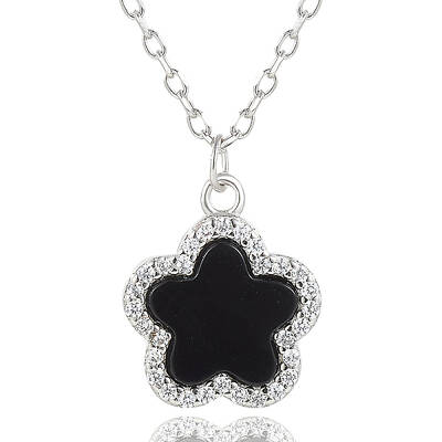 S925 Silver Dyed & Heated Black Agate Flower Pendant Necklaces