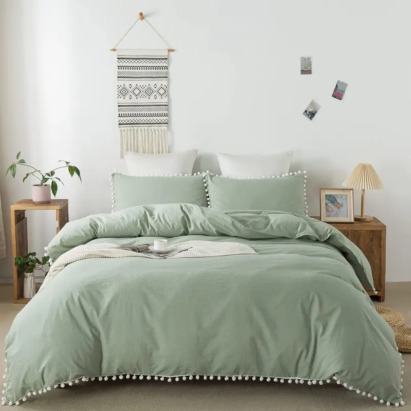 1 Set Plain Pom Pom Decor Duvet Cover & Pillow Case without Filler, Modern Simple Soft Comfortable Bedding Set, Bedding Suppl...