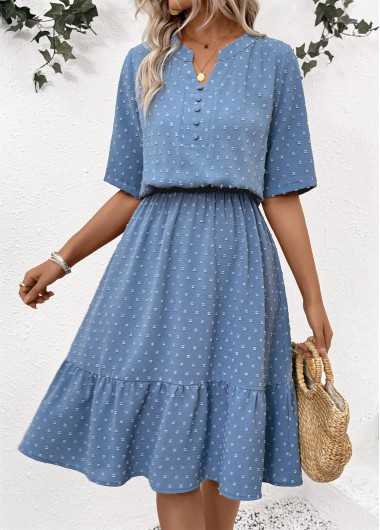 Modlily Dusty Blue Polka Dot Short Sleeve Split Neck Dress - M