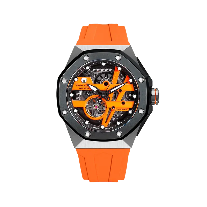 TSAR BOMBA Elemental Series Orange Silver Men's Automatic Mechanical Watch 閳ワ拷Stainless Steel Bezel & Case, Skeleton Di...
