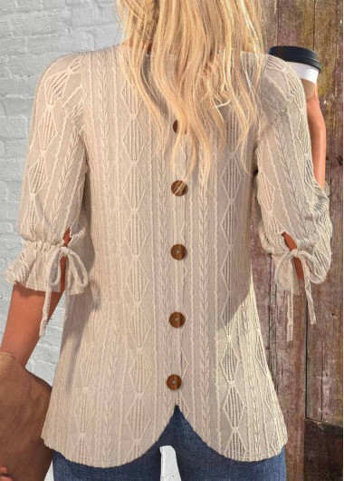 Modlily Light Camel Button 3/4 Sleeve Round Neck Blouse - XL