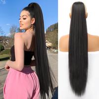 [KooKaStyle] Black Long Straight 32-Inch Drawstring Ponytail Extension - Natural Soft Synthetic Hairpiece, Clip-In, Heat-Resi...