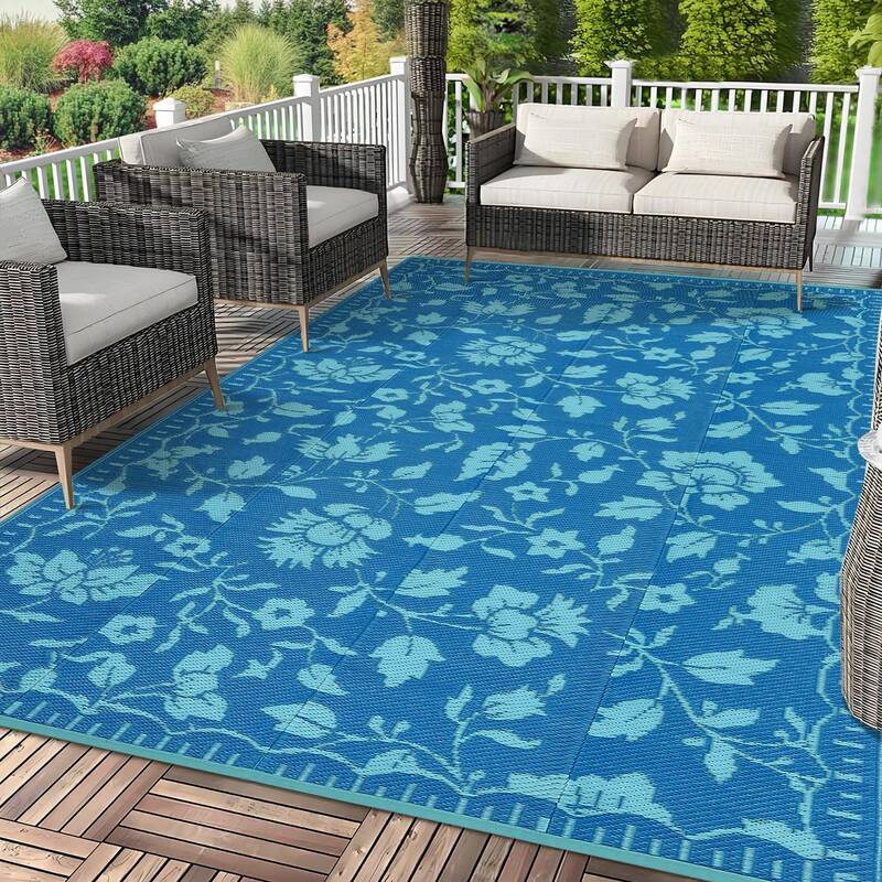 Garvee Outdoor Rug 6x9 Waterproof Reversible Floral Print Foldable Plastic Straw Durable UV Resistant Patio Deck Balcony Beac...