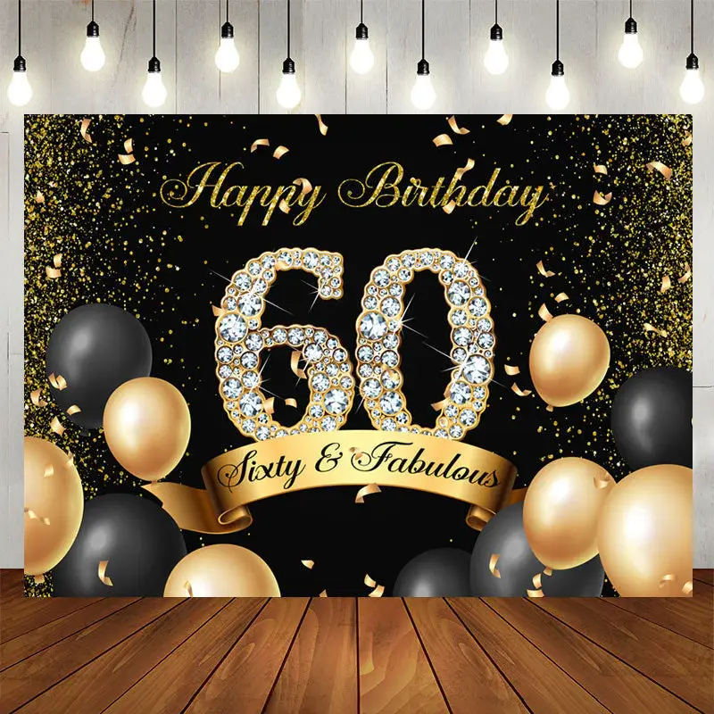 Aperturee Black Gold Balloon Diamond 60Th Birthday Backdrop