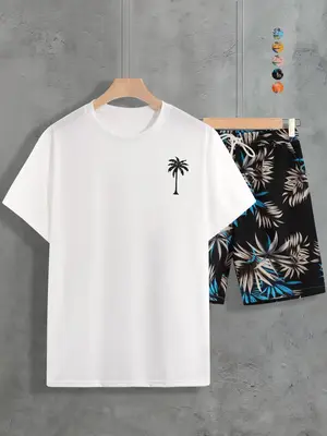 Two-piece Set Men's Coconut Tree Print Drawstring, Regular Fit Short Sleeve Tee & Beach Shorts for Summer Beach, Men's Summ...