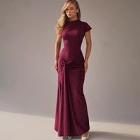 Solid Color Short Sleeve Bodycon Maxi Dress with Ribbon Women's 2025 Summer New Casual Elegant Party Club Ruched Back Lace Up...
