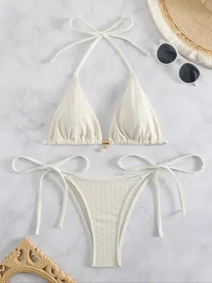 Women's Faux Pearls Decor Tie Back Bikinis Set, Casual Triangle Wireless Swim Bra & Tie Side Swim Bottom, Bathing Suits Women...