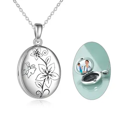 Sterling Silver Peach Blossom Personalized Photo Locket Necklace