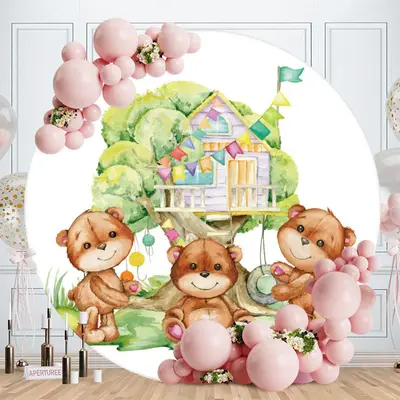 Aperturee Circle Teddy Bears And Tree Baby Shower Backdrop