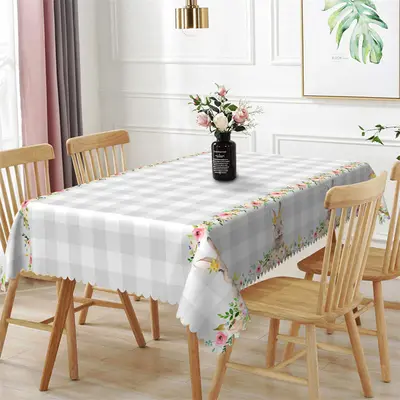White And Gary Plaid Floral Bunny Dining Tablecloth - Aperturee
