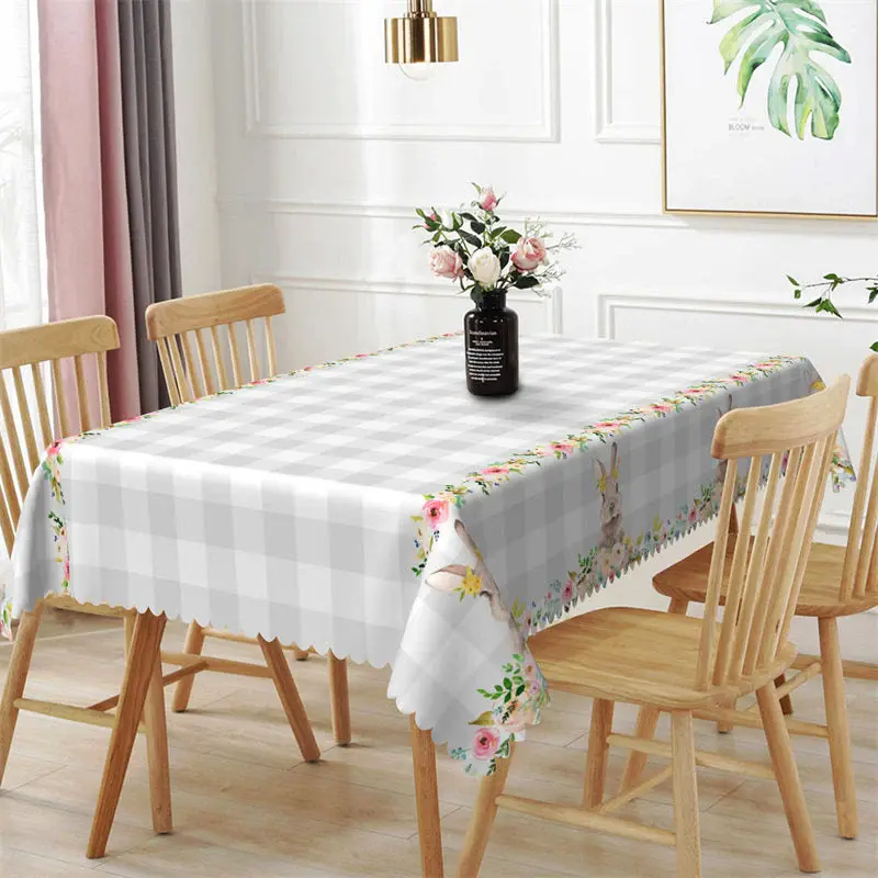 White And Gary Plaid Floral Bunny Dining Tablecloth - Aperturee