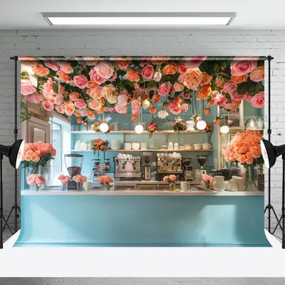 Blue Cafe Bar Light Dense Pink Floral Photo Backdrop