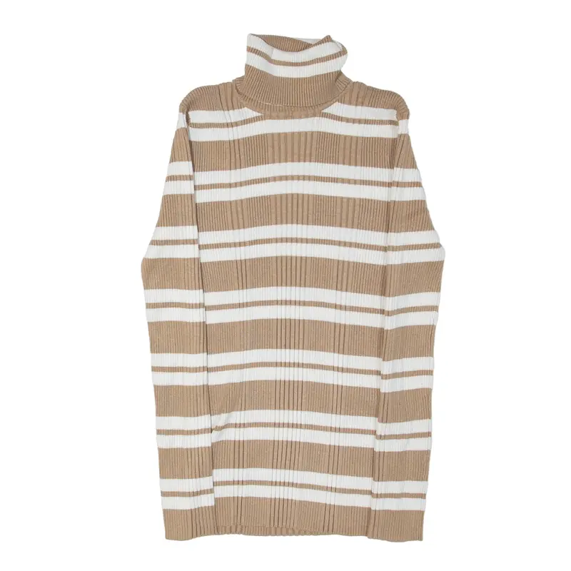 ITS OUR TIME Jumper Beige 90s Striped Tight Knit Roll Neck Womens L