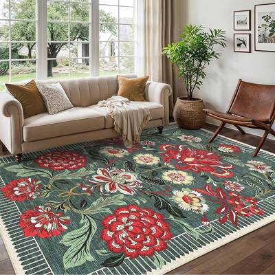 Garvee Floral Washable Rug 8x10 Botanical Vintage Soft Non Slip Ultra Thin Stain Resistant Grey Green for Bedroom Dining Room...