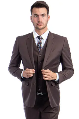 Designer Men's Modern Fit Wool Suit - Two Button Vested in Cocoa Brown