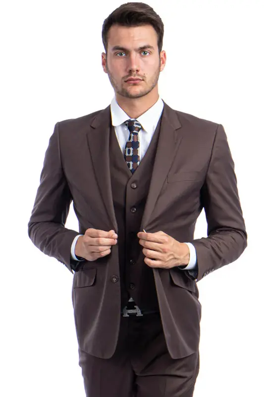 Designer Men's Modern Fit Wool Suit - Two Button Vested in Cocoa Brown