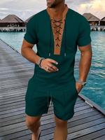 Men's Solid Color Lace Up Short Sleeve Shirt & Shorts Two-Piece Set, Regular Fit Casual Fashion Cozy Breathable for Summer, M...
