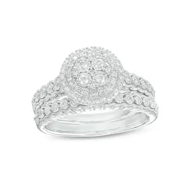 10K White Gold 0.25 CT.T.W. Round Lab Created Diamond Double Frame Scallop Shank Vintage Engagement Band