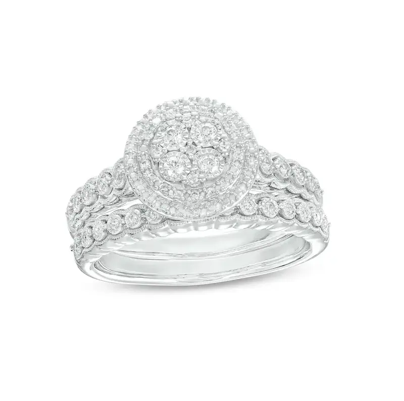 10K White Gold 0.25 CT.T.W. Round Lab Created Diamond Double Frame Scallop Shank Vintage Engagement Band