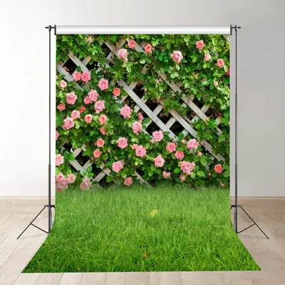 Pink Flowers Fence Green Grass Spring Photography Backdrop - Aperturee