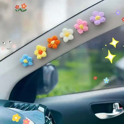Car Crochet Flower Decoration Sticker, DIY Floral Crafts for Vehicle Interior Steering Wheel Dashboard Door Decoration, Small...