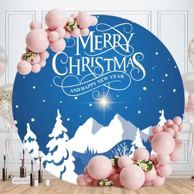 White Snowmountain Round Blue Christmas Backdrop - Aperturee