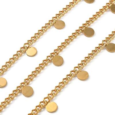 304 Stainless Steel Curb Chains with Flat Round Charm