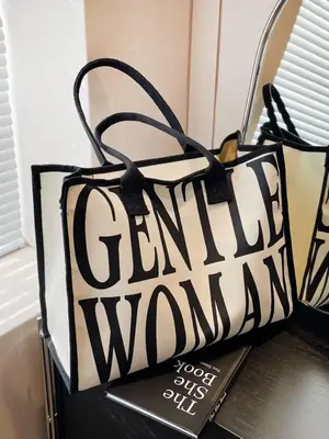 Women's Oversized Letter Printed Handbag, Fashion Contrasting Color Trim Design Shoulder Bag, Casual Large Capacity Commuter ...