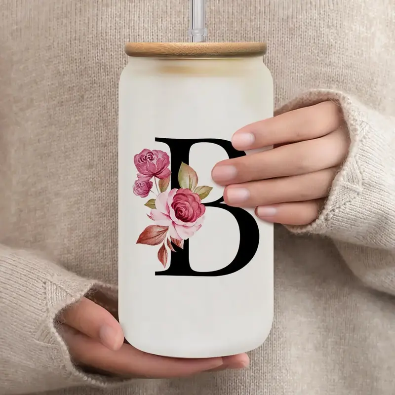 Flower & Letter Pattern Glass Cup, 16oz Glass Water Cup with Straw & Bamboo Lid, Juice Cup for Home Office Use, Summer for G...