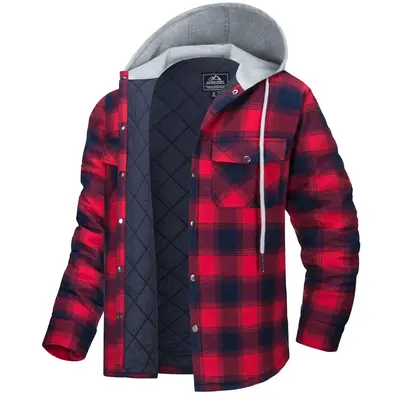 MAGCOMSEN Men's Flannel Shirt Jacket with Hood Quilted Lined Long Sleeve Plaid Hooded Jacket Button Down Spring Winter Warm C...