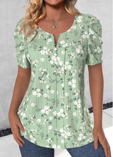 Modlily Light Green Button Ditsy Floral Print T Shirt - S