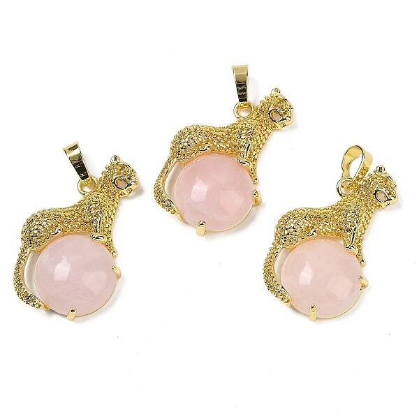 Natural Rose Quartz Ball with Leopard Shape Brass Pendants
