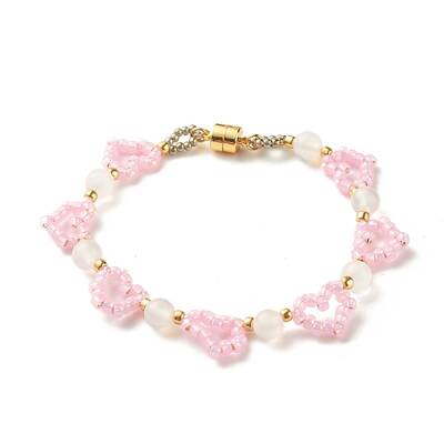 Glass Seed & Natural Agate Beaded Bracelet with Brass Magnetic Clasp
