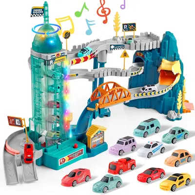 King Size Dino Hill Rotating Elevator Race Track Playset Toys for Kids Car Ramp Track Set Adventure Car Garage Parking Toy