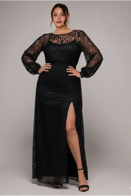 Goddiva Plus Lace Long Sleeve Shirred Waist Maxi Dress - Black