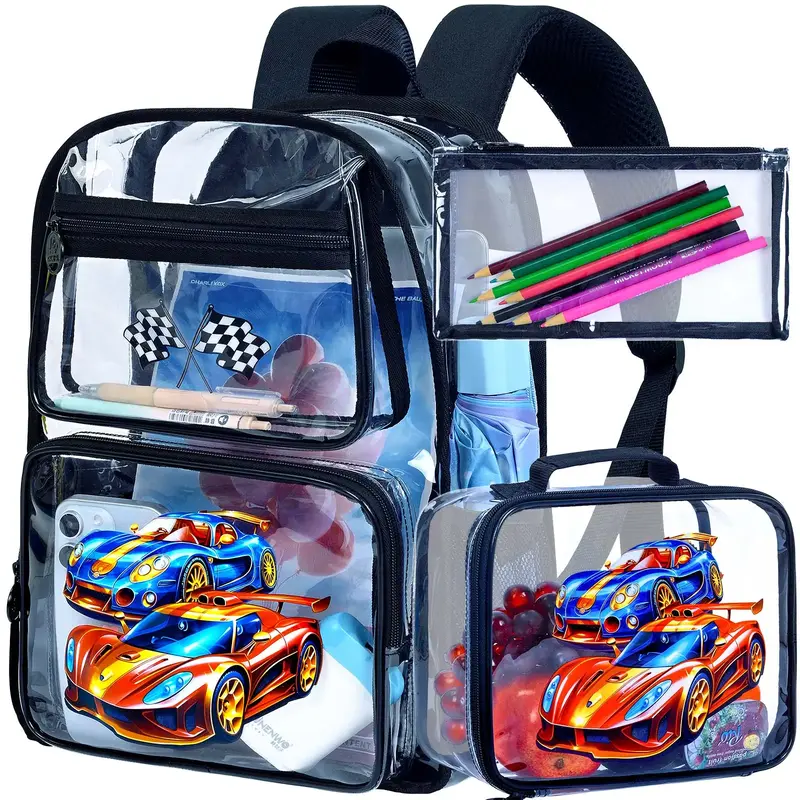 3PCS Clear Backpack for Boys, Kids Dinosaur Transparent Bookbag Heavy Duty, Cute See Through Backpacks with Lunch Bag - Blue ...