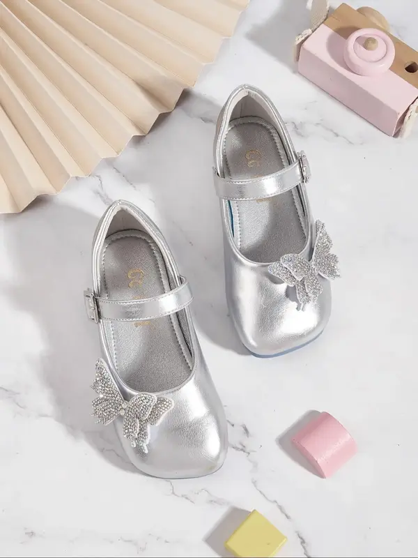 Girl's Cute Butterfly Design Flat Shoes, 2024 New Style Elegant Solid Color Mary Jane Flats for Party, Daily Wear, Kids Shoes...