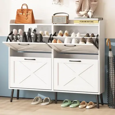 Vabches Large Shoe Cabinet with 4 Flip Drawers, Freestanding Shoe Organizer with Metal Drawer Bracket for Entryway