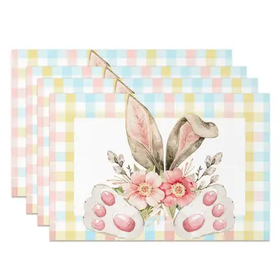 Rabbit Ear Paw Pink Floral Plaid Set Of 4 Placemats - Aperturee