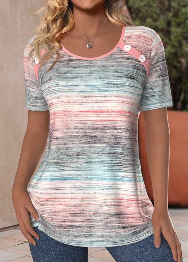 Modlily Light Pink Button Ombre Short Sleeve T Shirt - XXL