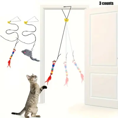Adjustable Hanging Cat Teaser Toy, 3 Counts Colorful Caterpillar & Mouse Pendants Cat Teaser Stick, Indoor Cats Entertainment...