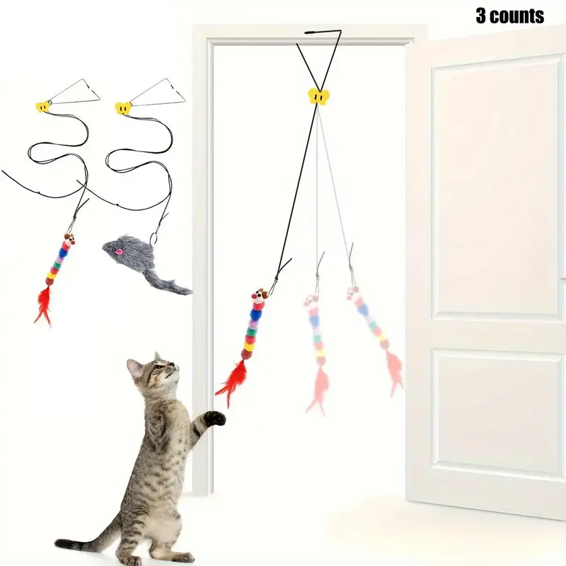 Adjustable Hanging Cat Teaser Toy, 3 Counts Colorful Caterpillar & Mouse Pendants Cat Teaser Stick, Indoor Cats Entertainment...