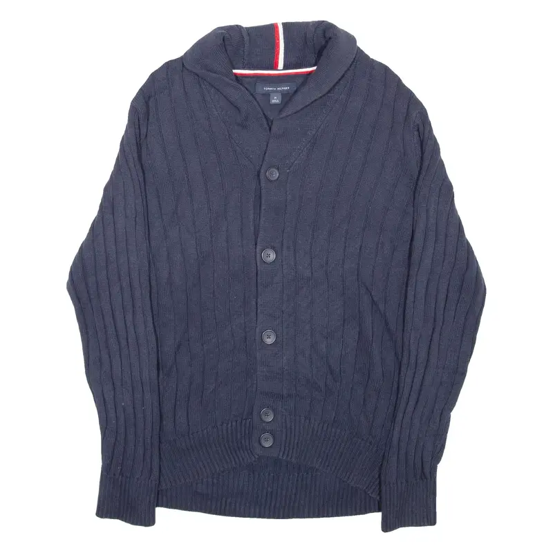 TOMMY HILFIGER Mens Cardigan Blue Roll Neck Chunky Knit M