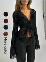 Women's Plain V Neck Flare Top, Elegant Fashion Casual Bell Sleeve Vneck Top for Daily Outdoor Wear, Women Clothing for Sprin...