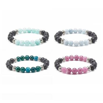 Natural Chalcedony & Natural Lava Rock Round Beads Stretch Bracelet for Her