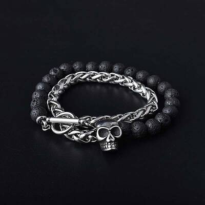 Natural Lava Rock & Stainless Steel Skull Beaded Bracelet with Wheat Chains